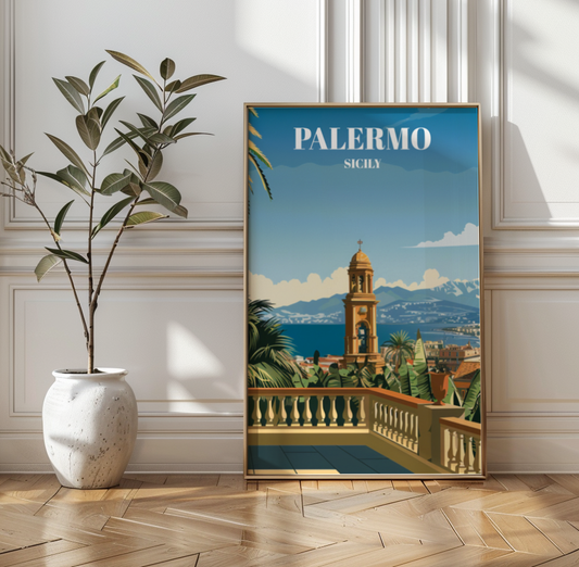 Palermo Sicily Travel Poster, Mediterranean Coastal Cityscape Art Print