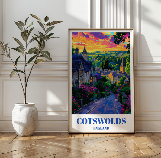 Charming Cotswolds Village Scene Travel Poster, England Countryside Decor