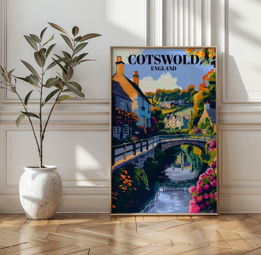 Quaint Cotswolds Village Travel Poster: English Countryside Wall Art