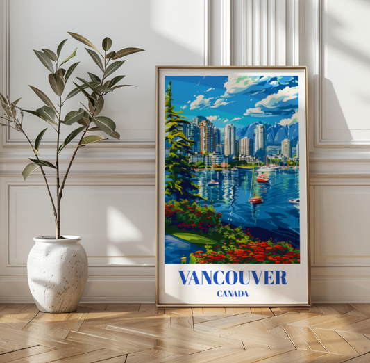 Coal Harbor Vancouver Canada Travel Poster, City Skyline Art Print,