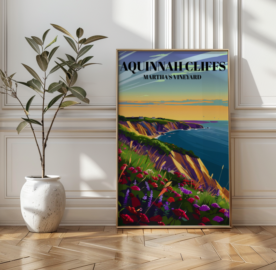 Aquinnah Cliffs Martha's Vineyard Travel Poster, Gay Head Cliffs Sunset Art