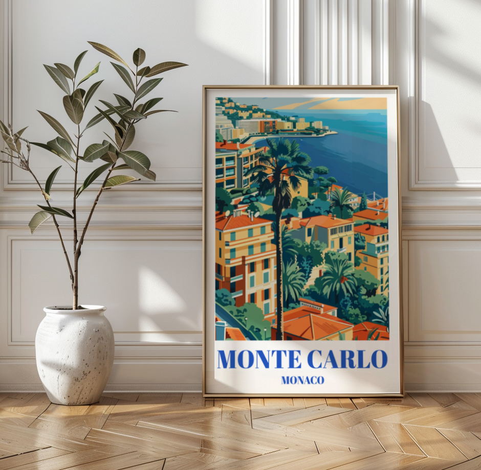 Monaco Travel Poster, Monte Carlo Skyline Art Print, French Riviera Wall Decor