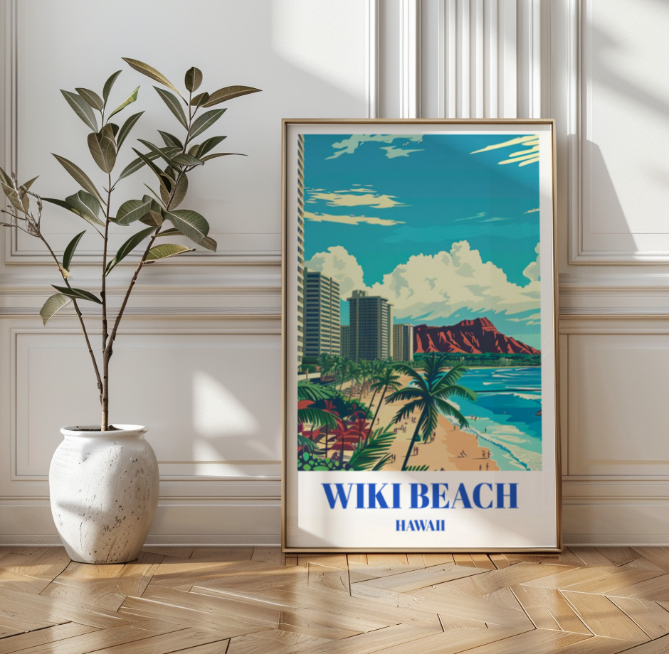 Waikiki Beach Hawaii Travel Poster, Hawaiian Wall Art Prin