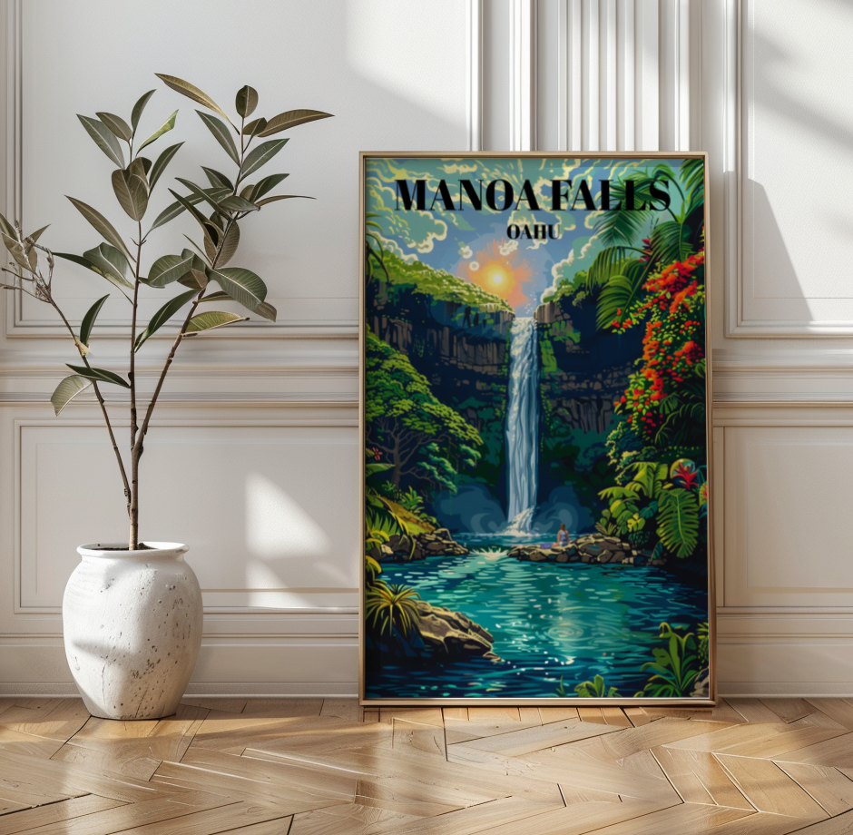 Manoa Falls Travel Poster, Stunning Honolulu Hawaii Waterfall Print