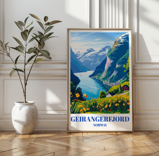 Geirangerfjord Norway Travel Poster, Stunning Scandinavian Landscape