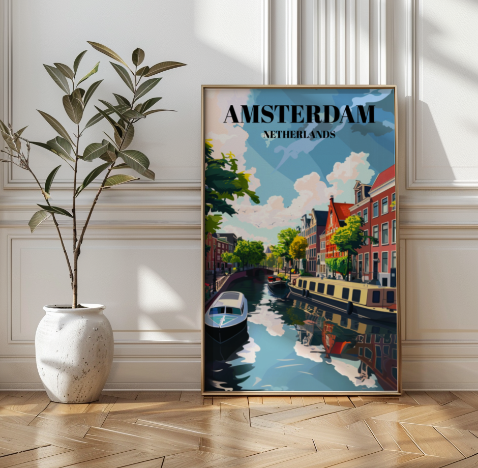 Jordaan & Amsterdam Canals Netherlands Travel Poster, Dutch Cityscape Wall Art Print