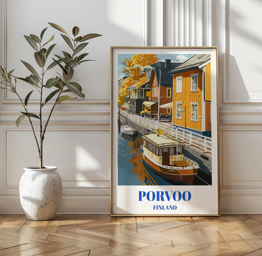 Porvoo, Finland, Charming Travel Poster Featuring Old Town and Cobblestone Streets,