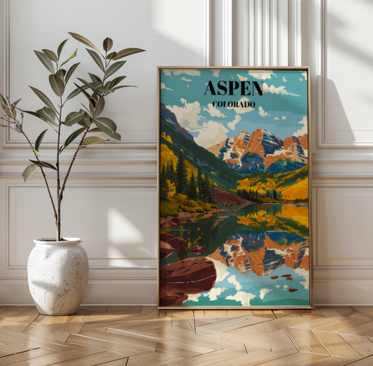 Maroon Bells Aspen Colorado Travel Poster, Scenic Mountain Landscape