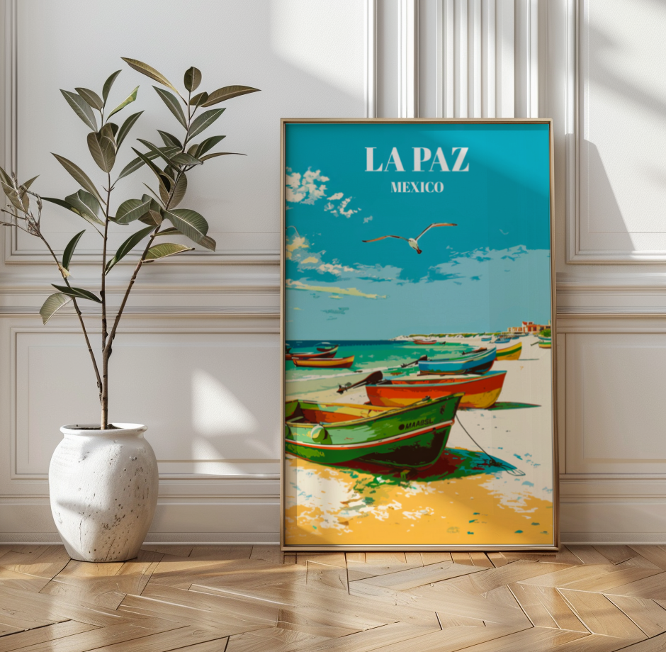 La Paz Mexico Travel Poster, Coastal Wall Art Print With Mexican Panga Fishing Boats