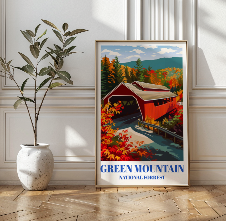 Green Mountain National Forest, Vermont Travel Poster, Red Covered Bridge