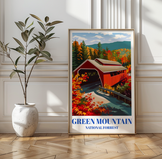 Green Mountain National Forest, Vermont Travel Poster, Red Covered Bridge
