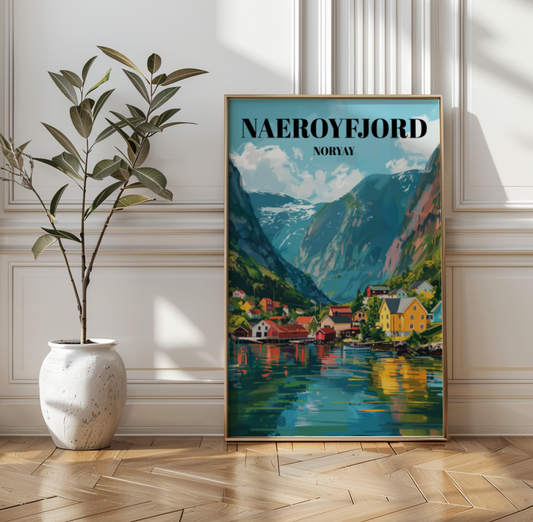 Nærøyfjord Norway Travel Poster, UNESCO World Heritage Site Wall Art , Scandinavian Landscape Print, Nordic Home Decor,