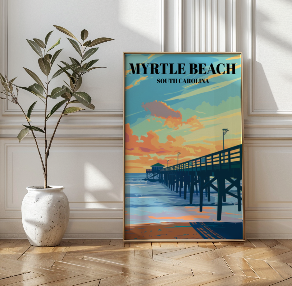 Myrtle Beach State Park Pier Travel Poster, Coastal Wall Art Print