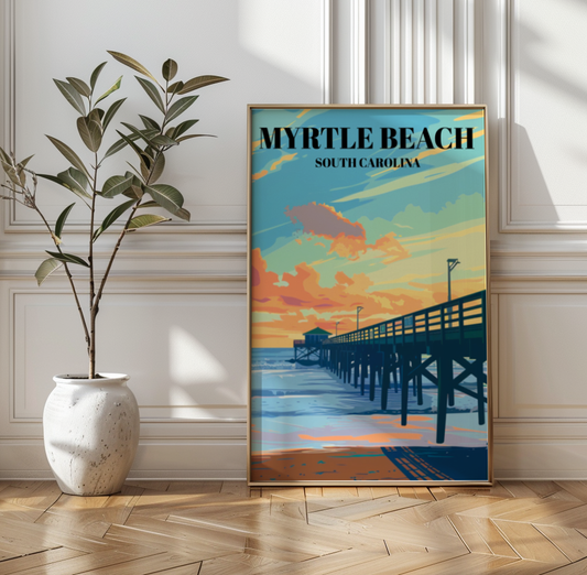 Myrtle Beach State Park Pier Travel Poster, Coastal Wall Art Print