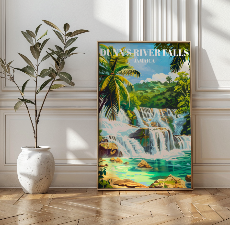 Dunn's River Falls Jamaica Travel Poster: Caribbean Waterfall Art