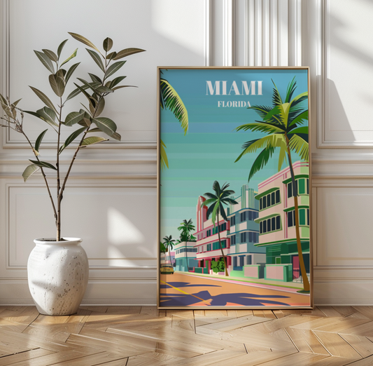 Vintage Miami, FL Art Deco Historic District Travel Poster, South Beach Views
