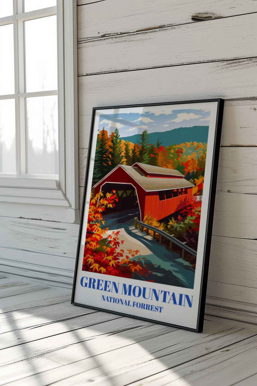 Green Mountain National Forest, Vermont Travel Poster, Red Covered Bridge