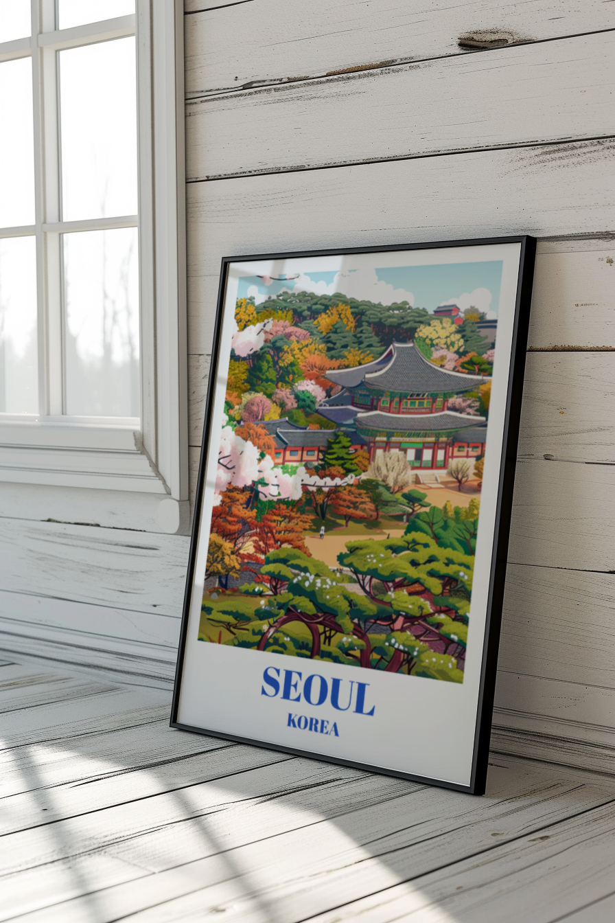 Travel Poster Changdeokgung Palace and Huwon Secret Garden in Seoul, South Korea.