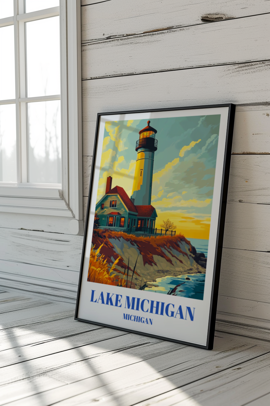 Lake Michigan Lighthouse Travel Poster, Nautical Art Print, Coastal Decor
