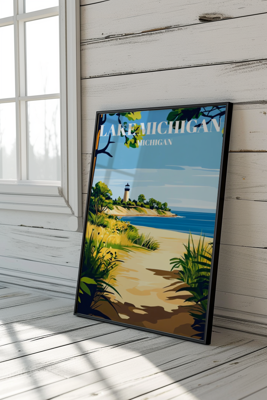 Lake Michigan Travel Poster, Great Lakes Wall Art Print, Coastal Home Decor,