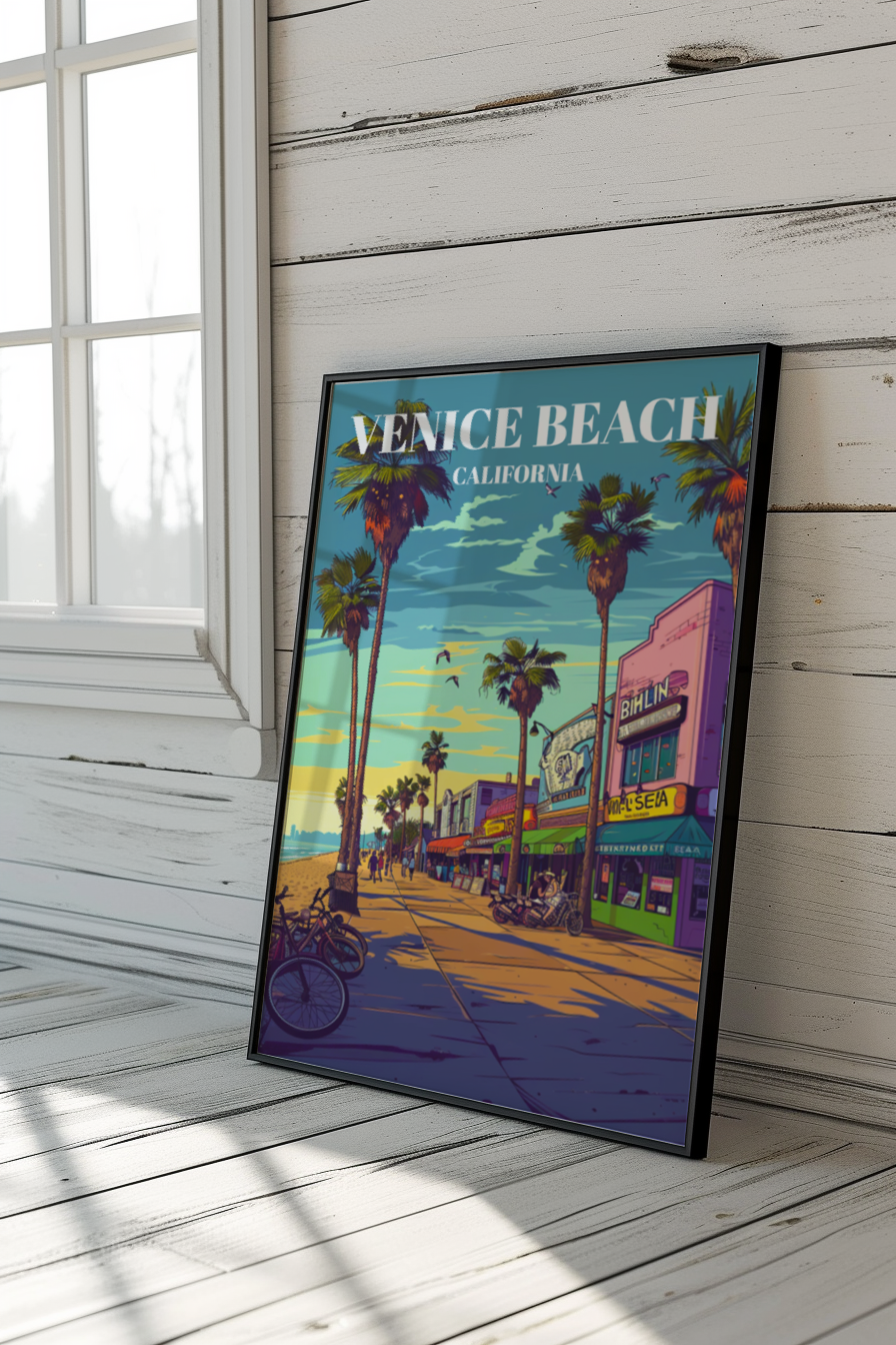 Venice Beach Travel Poster, Retro California Wall Art Print