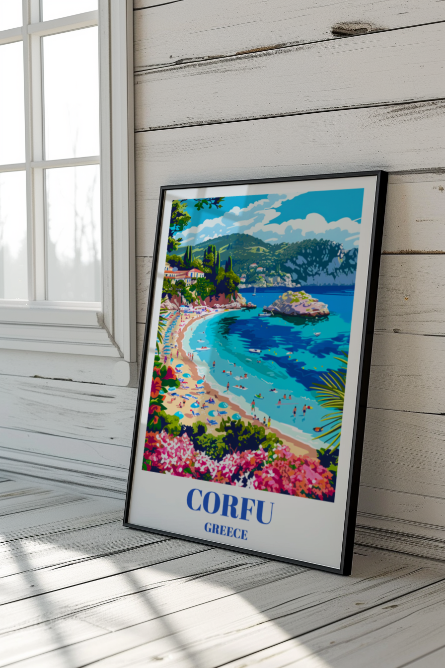 Corfu Greece Travel Poster, Greek Island Coastal Art Print, Mediterranean Wall Decor