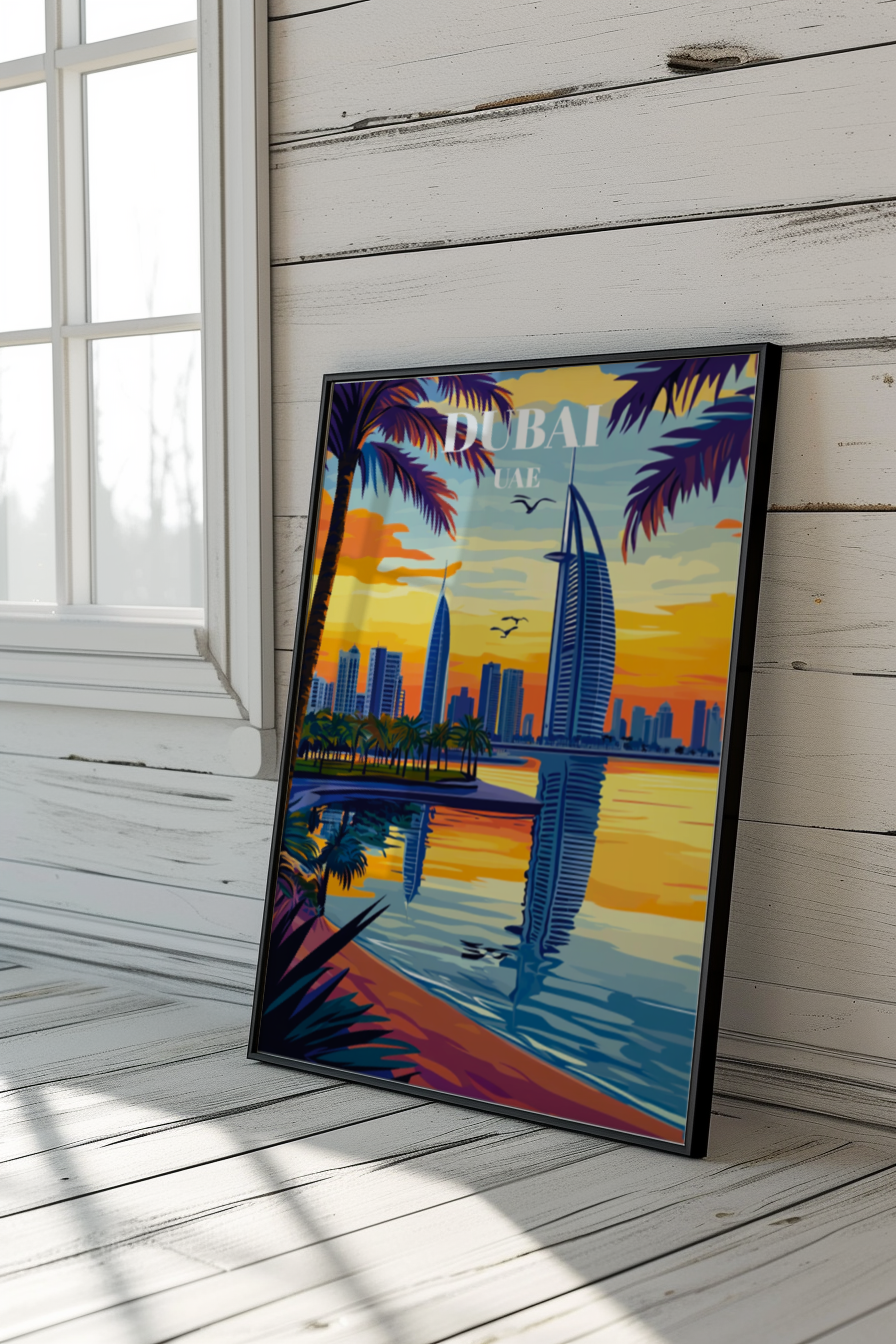 Dubai UAE Travel Poster, Iconic Burj Khalifa Art Print, Middle Eastern Wall Decor