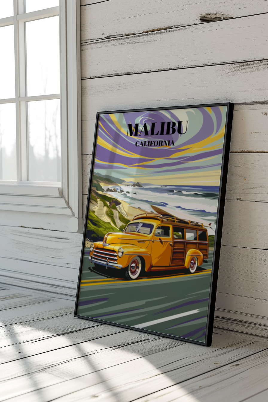Malibu California Pacific Coast Highway Travel Poster, Beach Sunset Wall Art