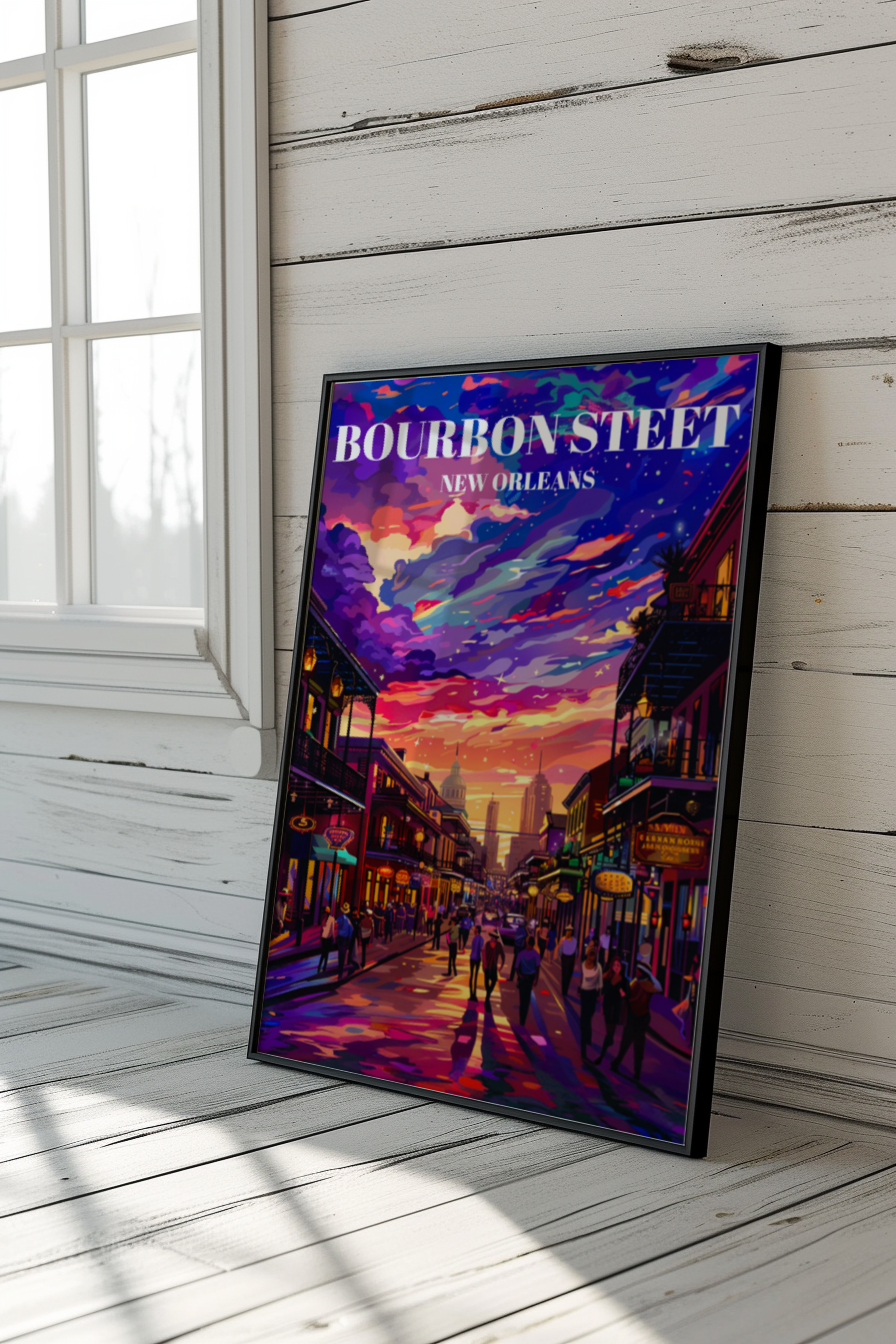 New Orleans French Quarter Bourbon Street Travel Poster Art Deco Decor
