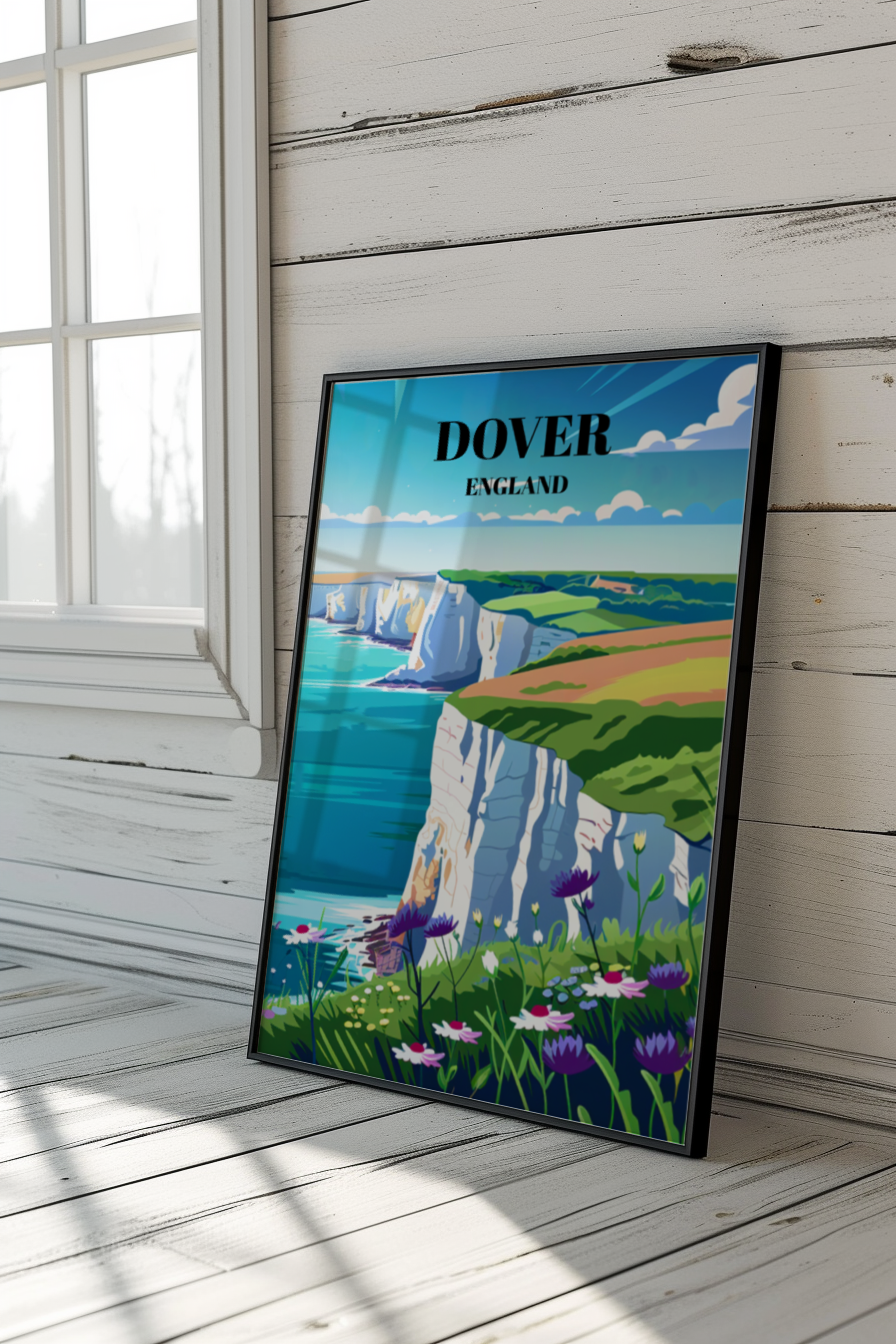 Travel Poster: Majestic White Cliffs of Dover, England, Coastal Landscape Art Print
