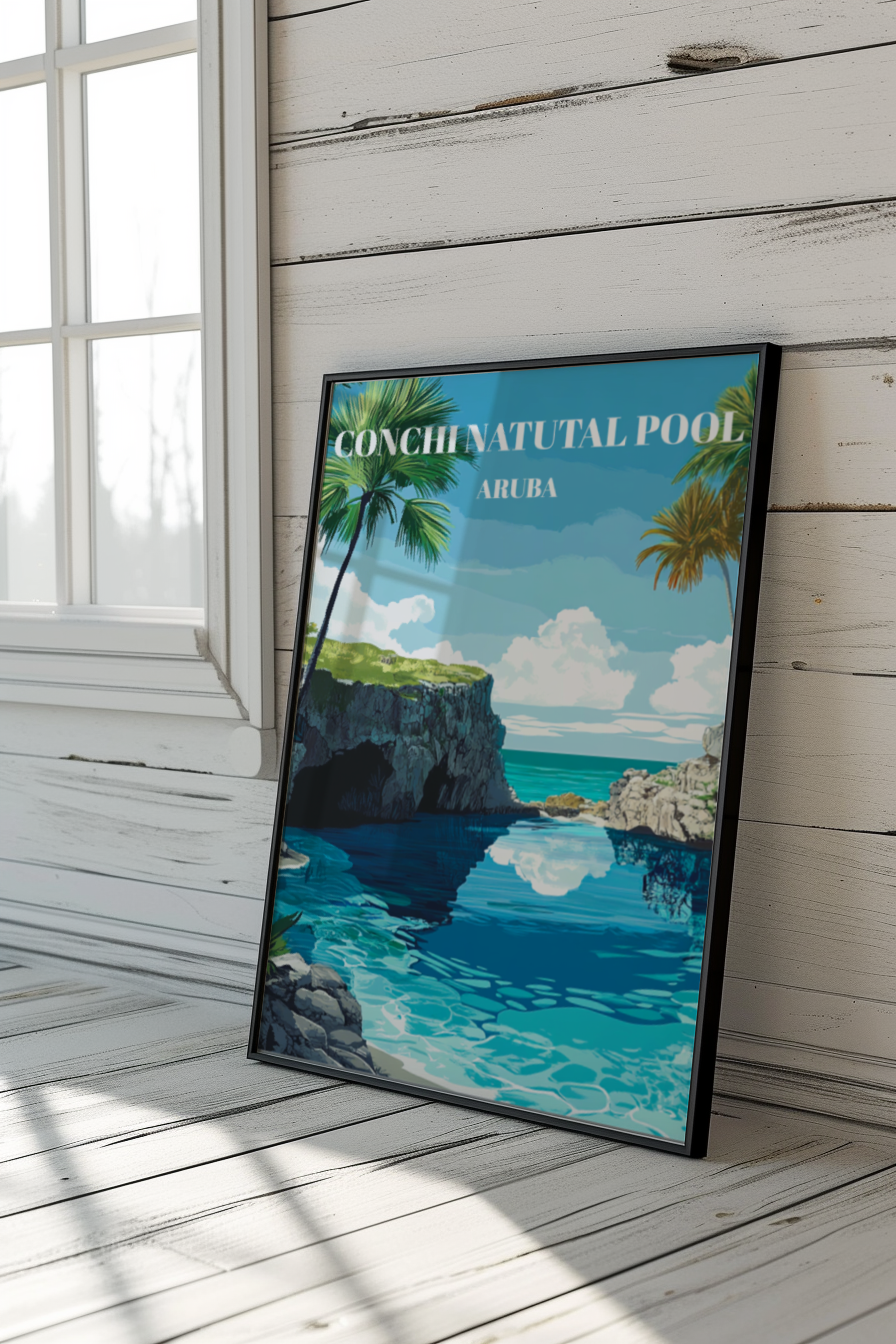 Conchi Natural Pool Aruba Travel Poster, Tropical Wall Art,