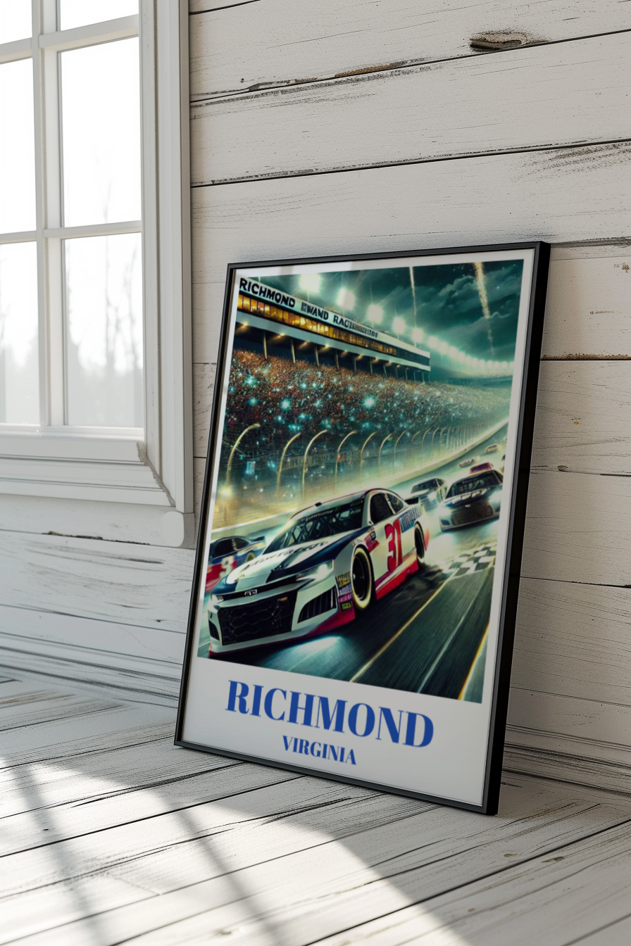 Richmond Virginia Speedway Travel Poster, Stock Car Track Wall Art Print, Night Race Illustration, High-Speed Motorsport Racing Artwork