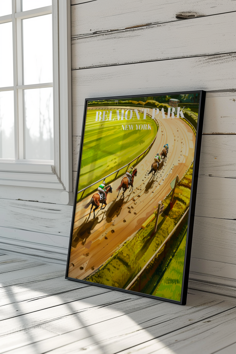 Belmont Park Racetrack Travel Poster, New York Horse Racing Art Print