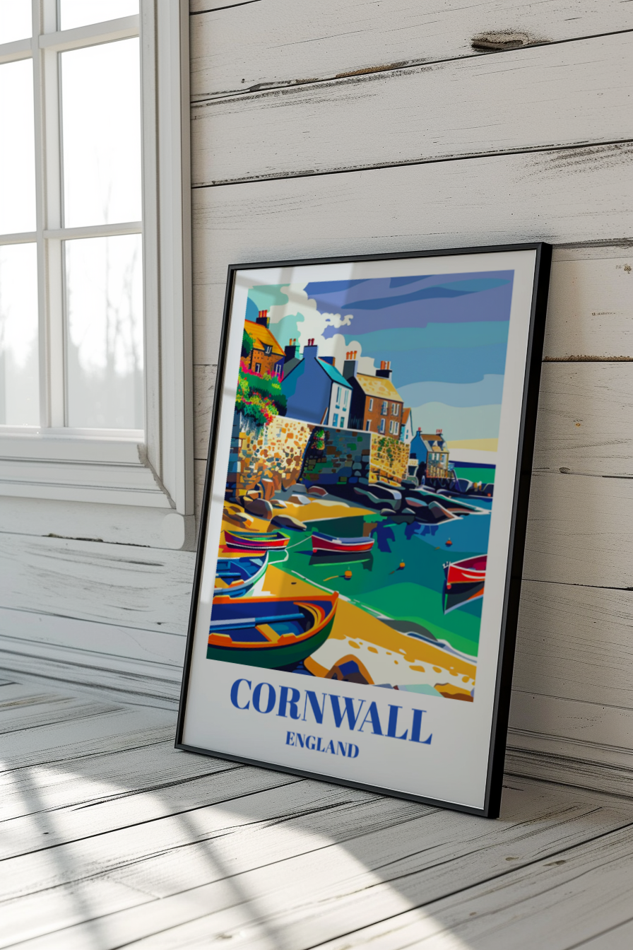 Travel Poster of Mousehole Fishing Village, Cornwall, England, Coastal Wall Art, Home Decor, Scenic Seaside Print, Historic UK Coastal Town