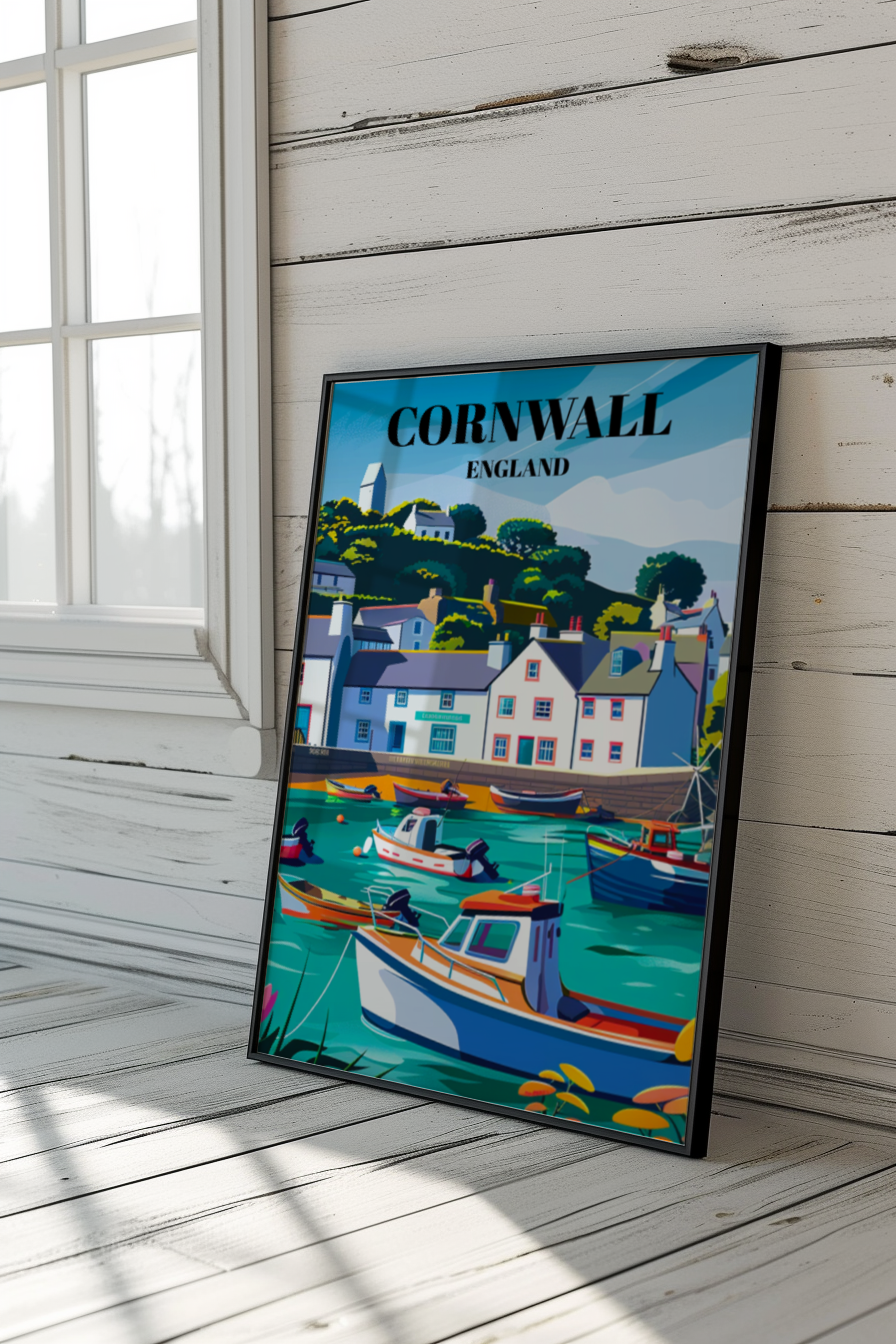 Looe Fishing Village Travel Poster, Cornwall, England, Coastal Wall Art