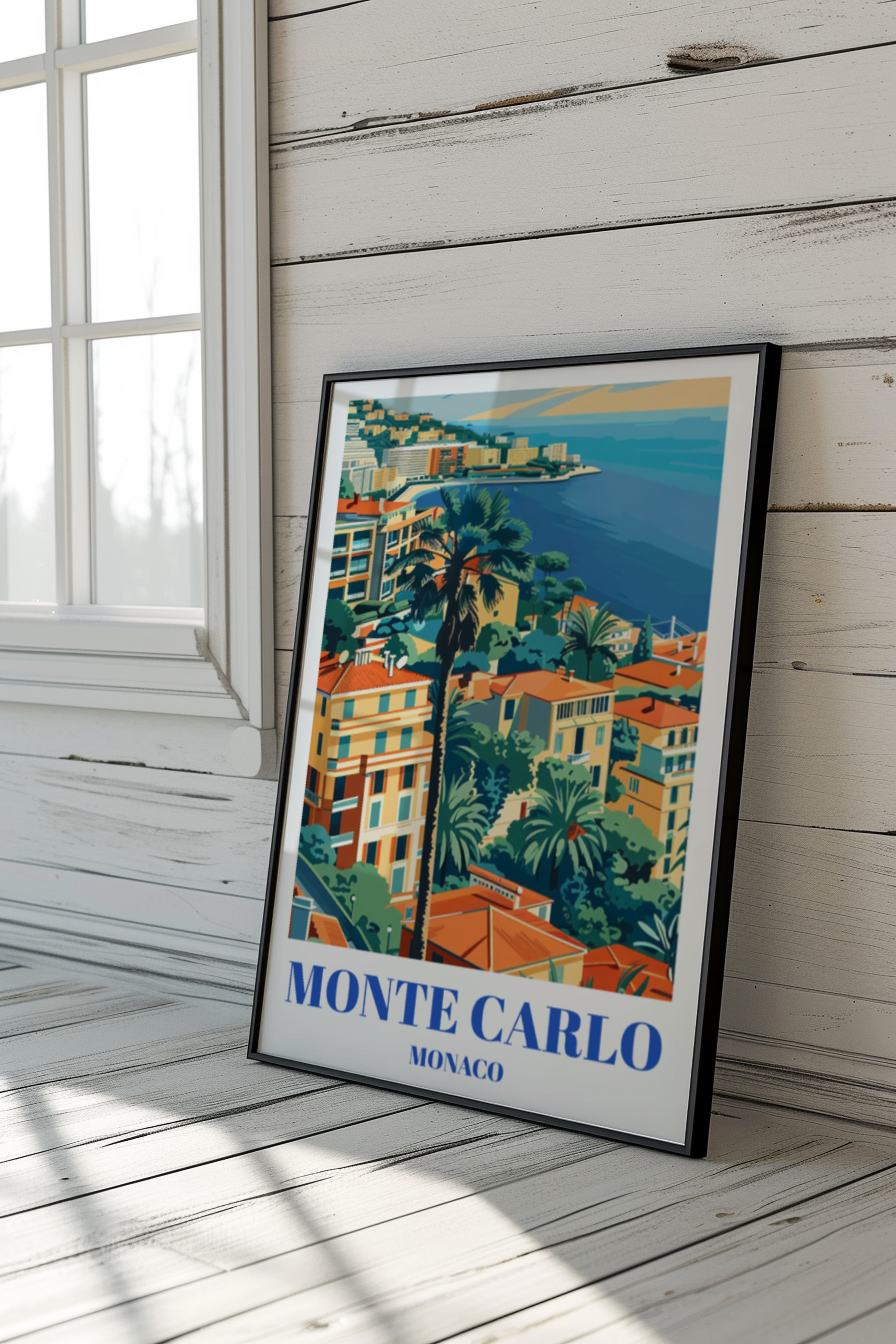 Monaco Travel Poster, Monte Carlo Skyline Art Print, French Riviera Wall Decor
