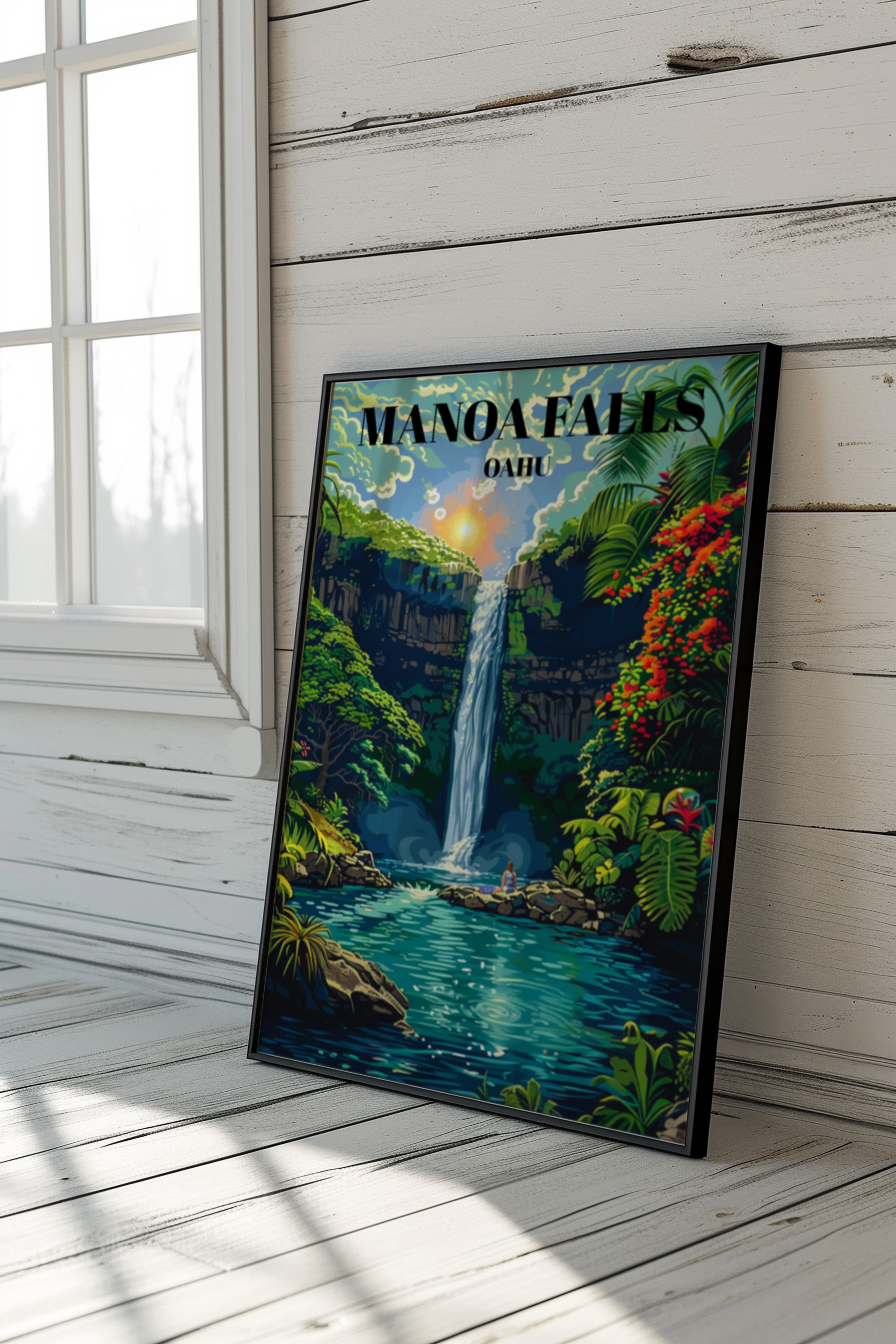 Manoa Falls Travel Poster, Stunning Honolulu Hawaii Waterfall Print