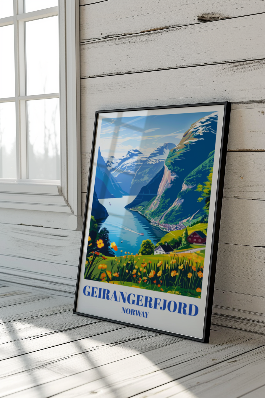 Geirangerfjord Norway Travel Poster, Stunning Scandinavian Landscape