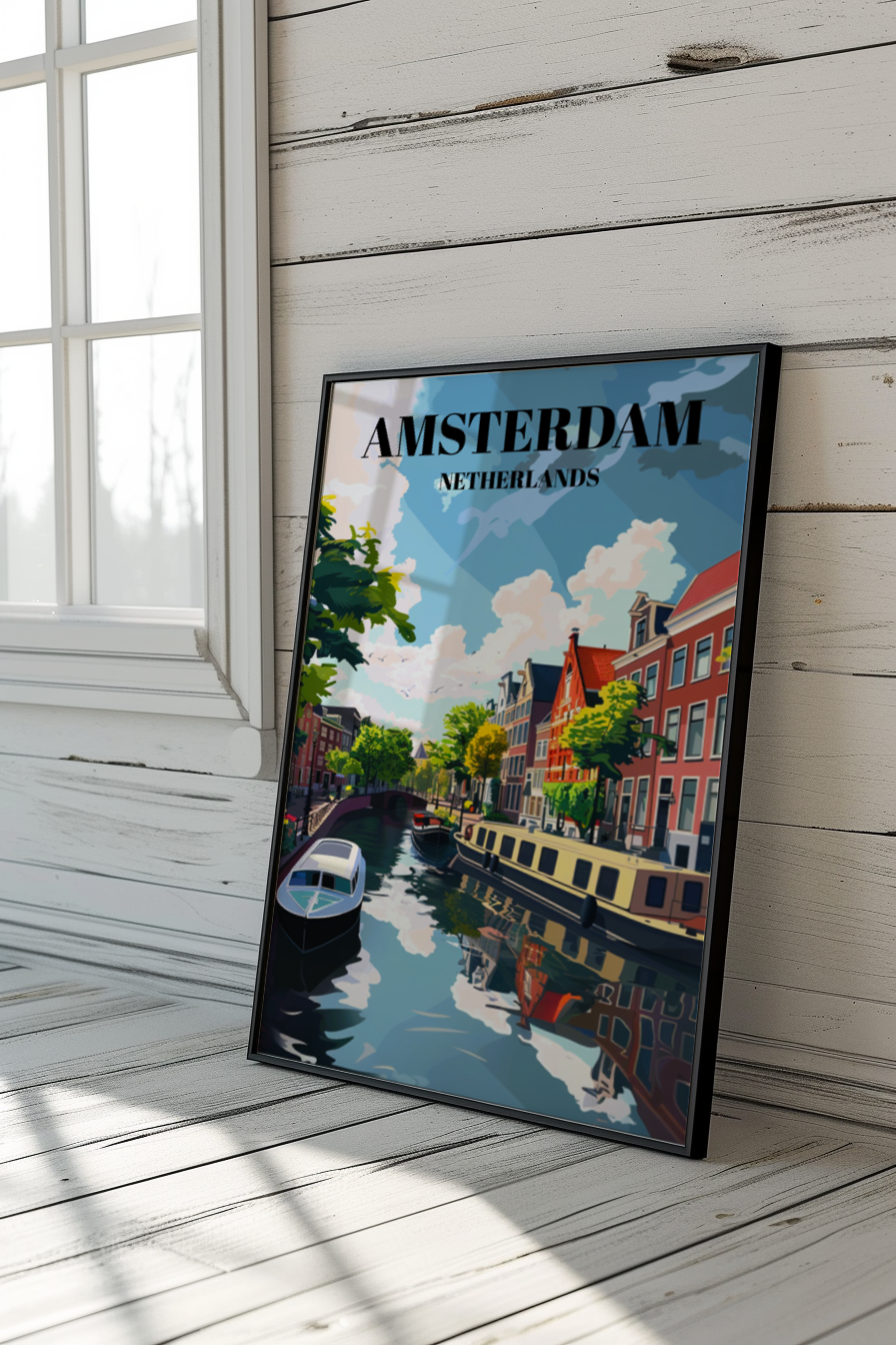 Jordaan & Amsterdam Canals Netherlands Travel Poster, Dutch Cityscape Wall Art Print