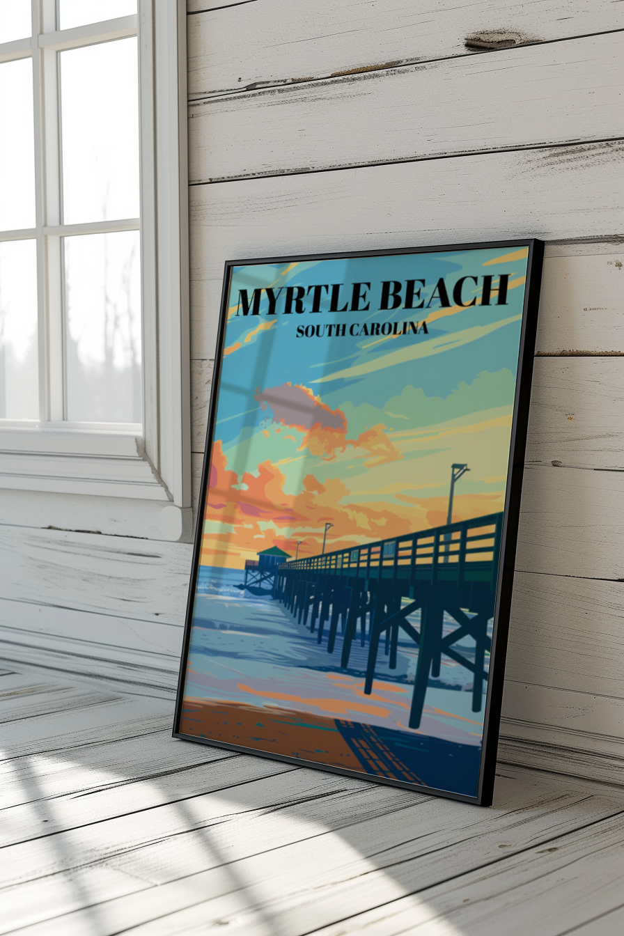 Myrtle Beach State Park Pier Travel Poster, Coastal Wall Art Print