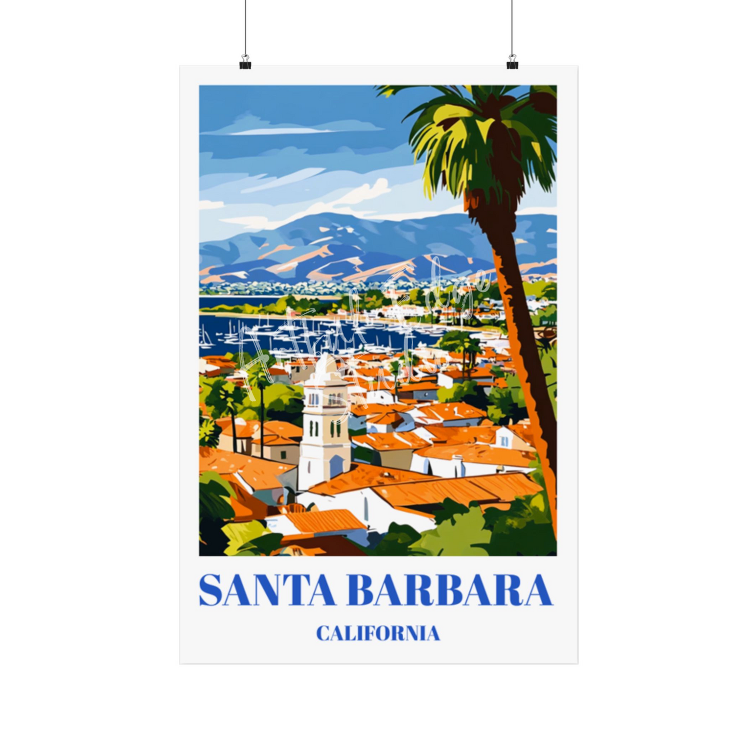 Santa Barbara Travel Poster - California Wall Art Print, Coastal Beach Decor, Scenic Pacific Ocean View, Santa Barbara Skyline Print,