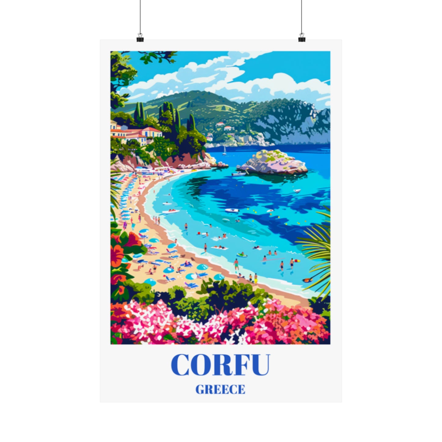 Corfu Greece Travel Poster, Greek Island Coastal Art Print, Mediterranean Wall Decor