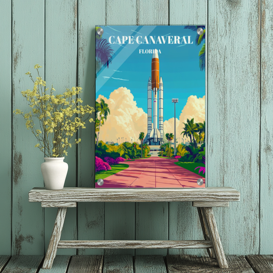 Acrylic Print Cape Canaveral Florida Travel Poster, Space Coast Vintage Art Print,