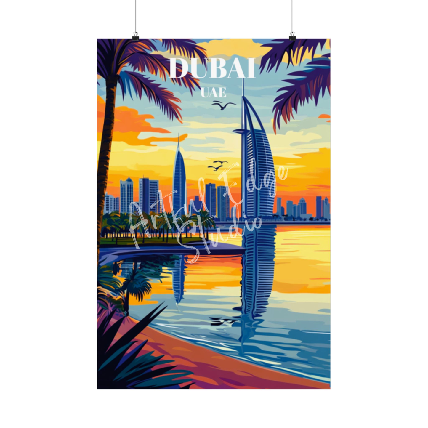 Dubai UAE Travel Poster, Iconic Burj Khalifa Art Print, Middle Eastern Wall Decor