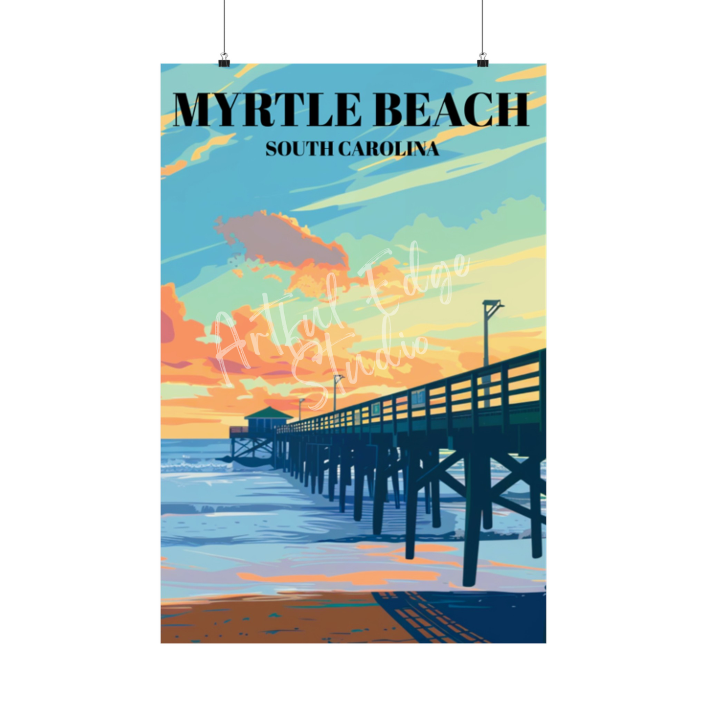 Myrtle Beach State Park Pier Travel Poster, Coastal Wall Art Print