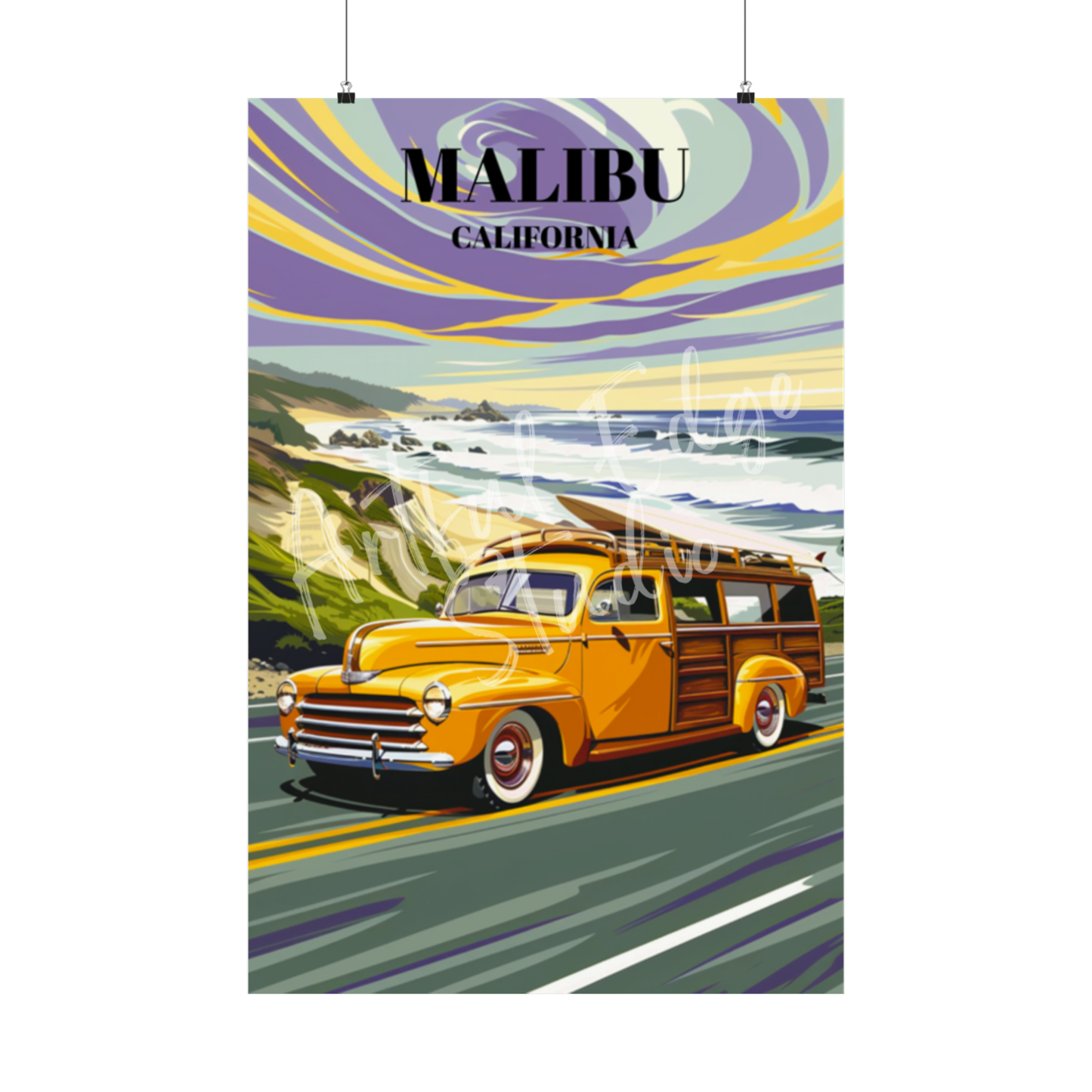 Malibu California Pacific Coast Highway Travel Poster, Beach Sunset Wall Art