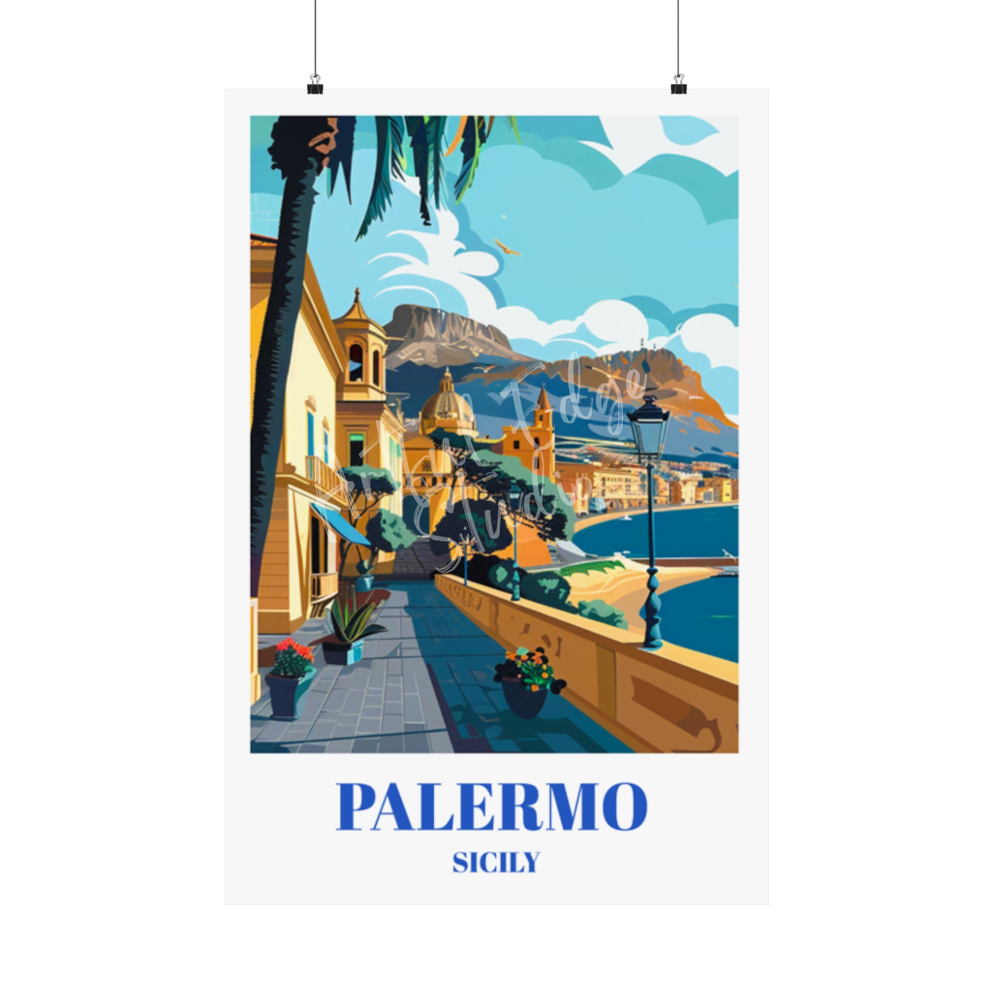 Palermo Sicily Travel Poster, Mediterranean Coastal Cityscape Wall Decor