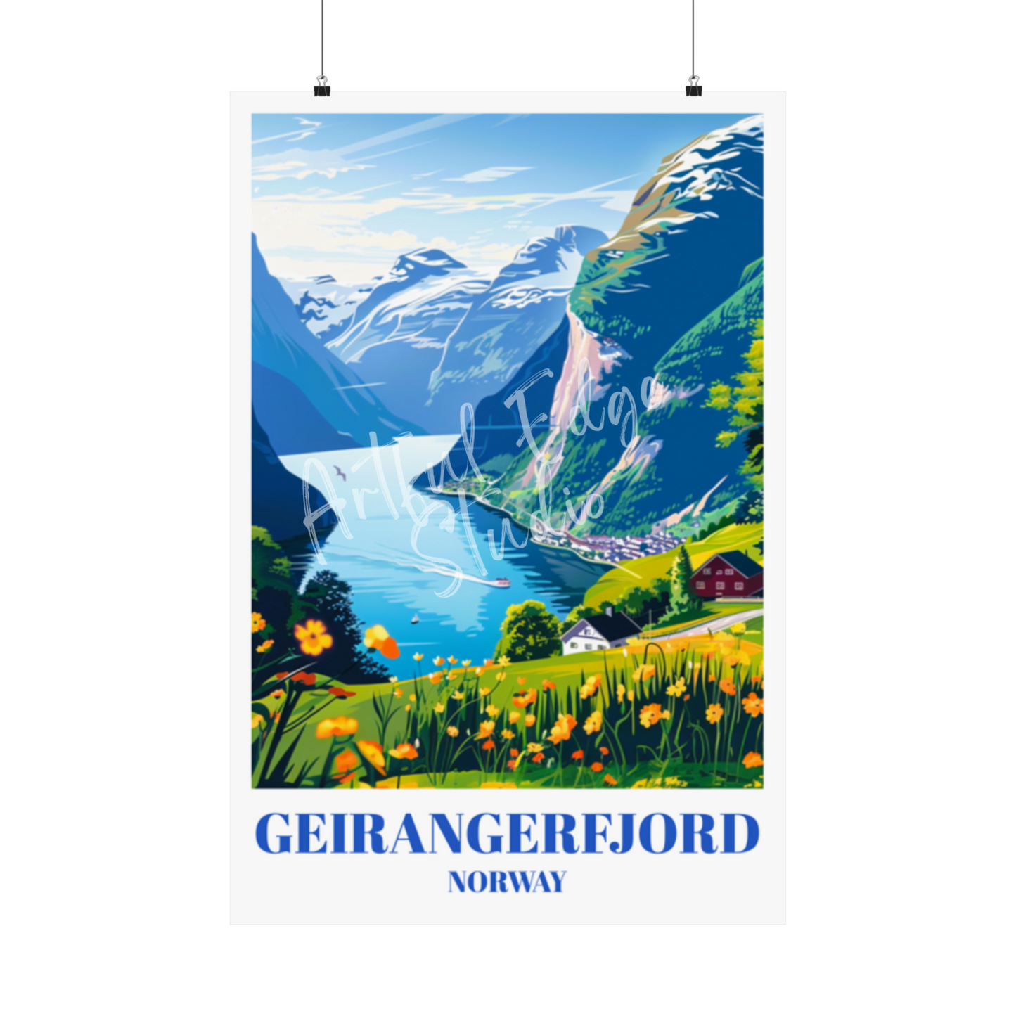 Geirangerfjord Norway Travel Poster, Stunning Scandinavian Landscape