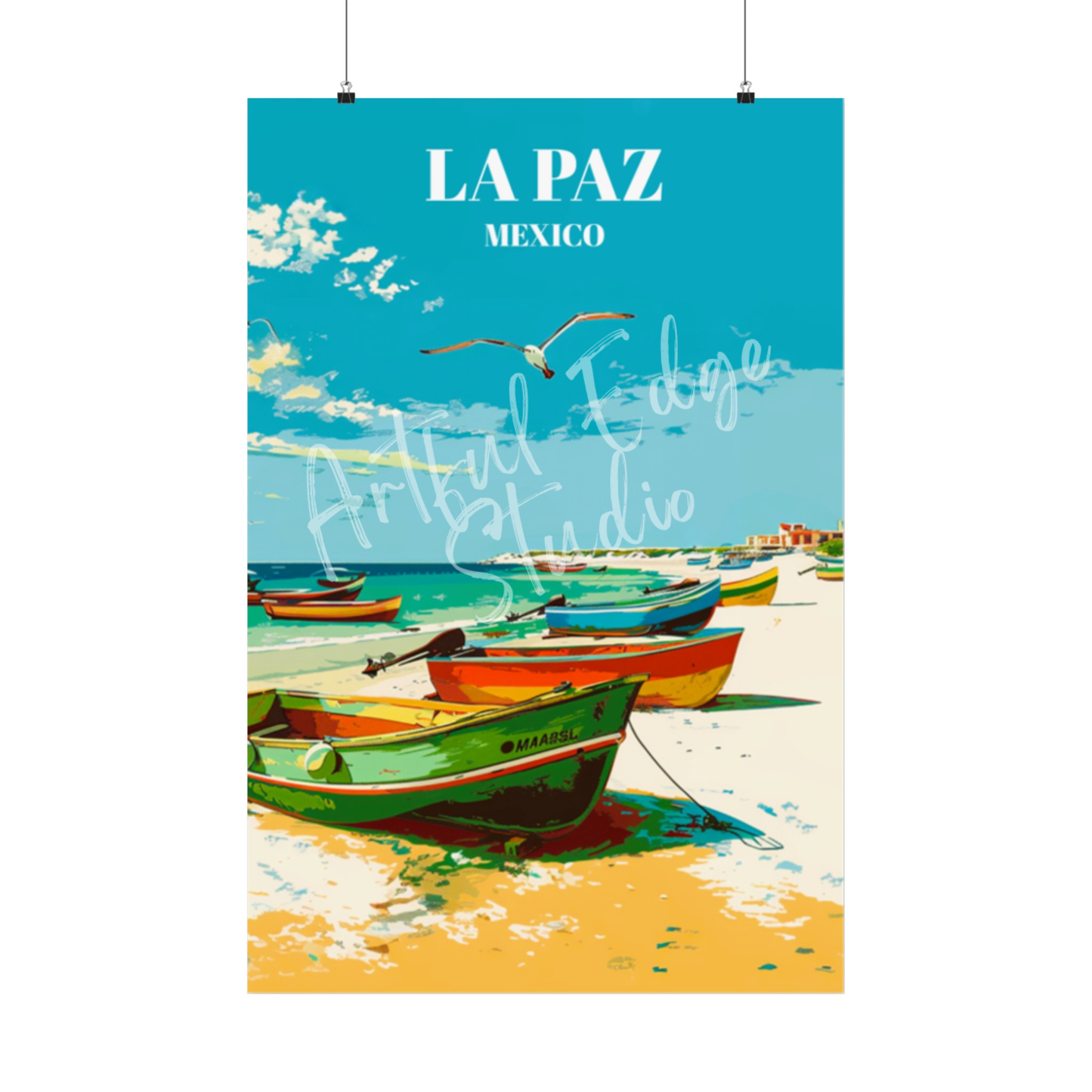 La Paz Mexico Travel Poster, Coastal Wall Art Print With Mexican Panga Fishing Boats