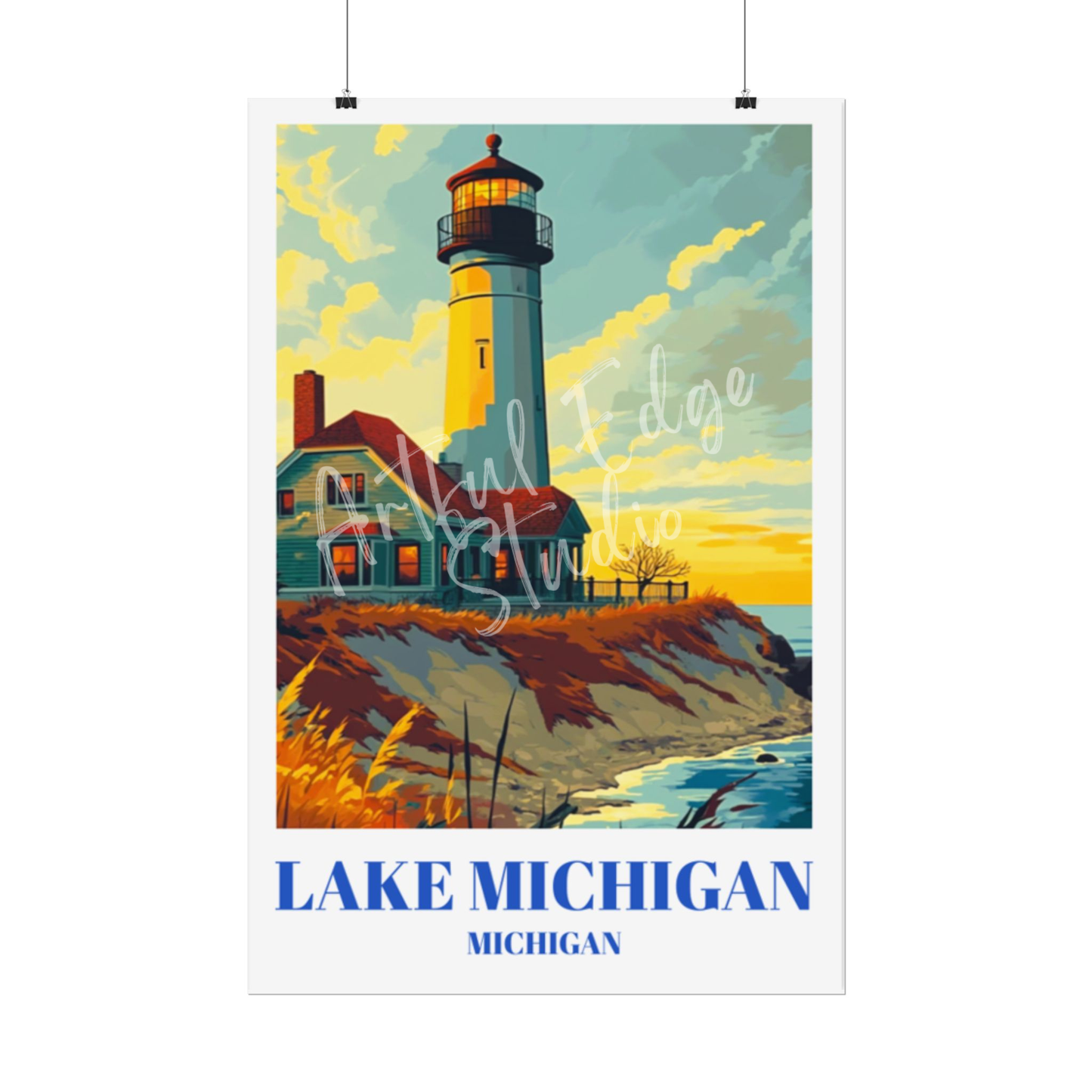 Lake Michigan Lighthouse Travel Poster, Nautical Art Print, Coastal Decor